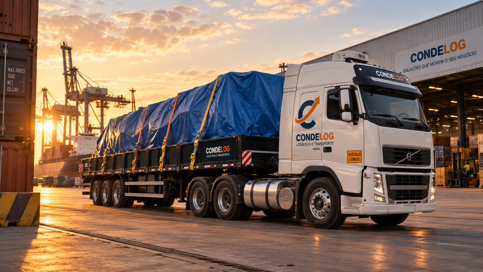 Caminhão da Conde Log em terminal portuário ao pôr do sol