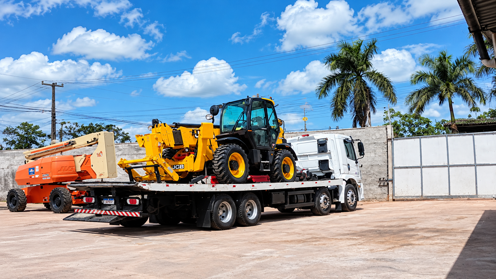 Transporte de máquinas pesadas em carreta prancha